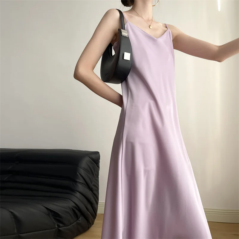 Женское атласное платье на бретелях-спагетти Элегантное Длинное Платье в стиле