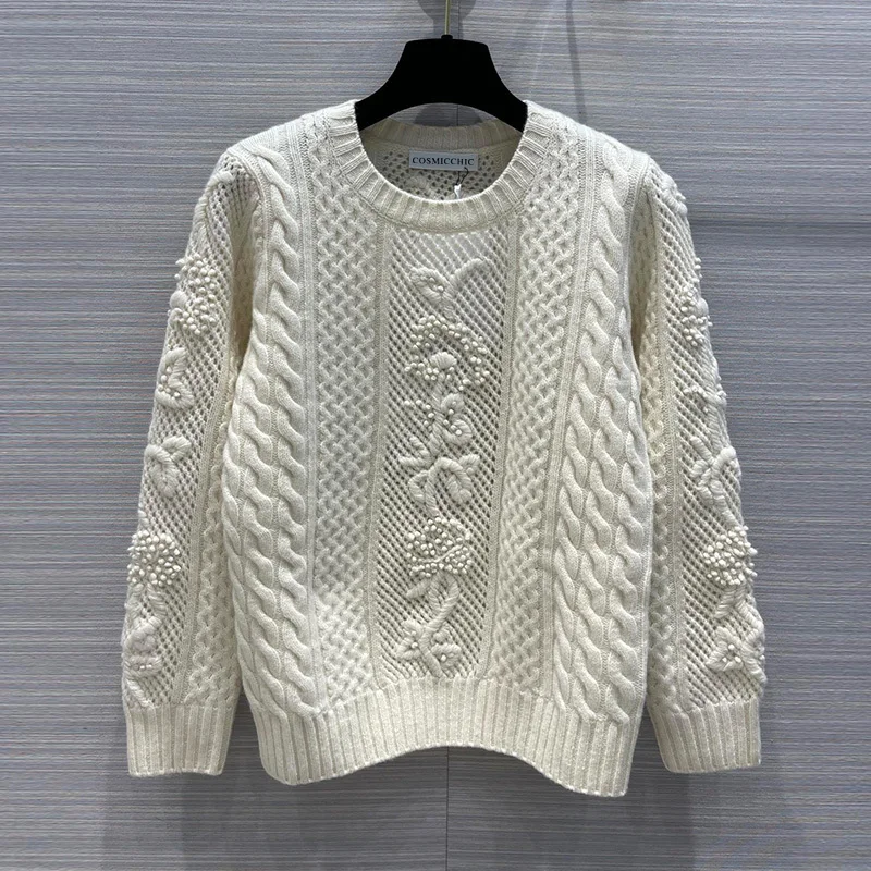 

2022 Autumn New Pure Cashmere Black White Sweaters Women Elegant Hollow Out Handwork Knit Pullovers Runway Top Quality Clothes