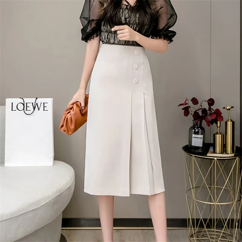 

Elegant Office Lady OL Skirt Summer Korean Three Buttons Midi A-Line Work Wear Pleated Split Skirts Saias High Waist I175