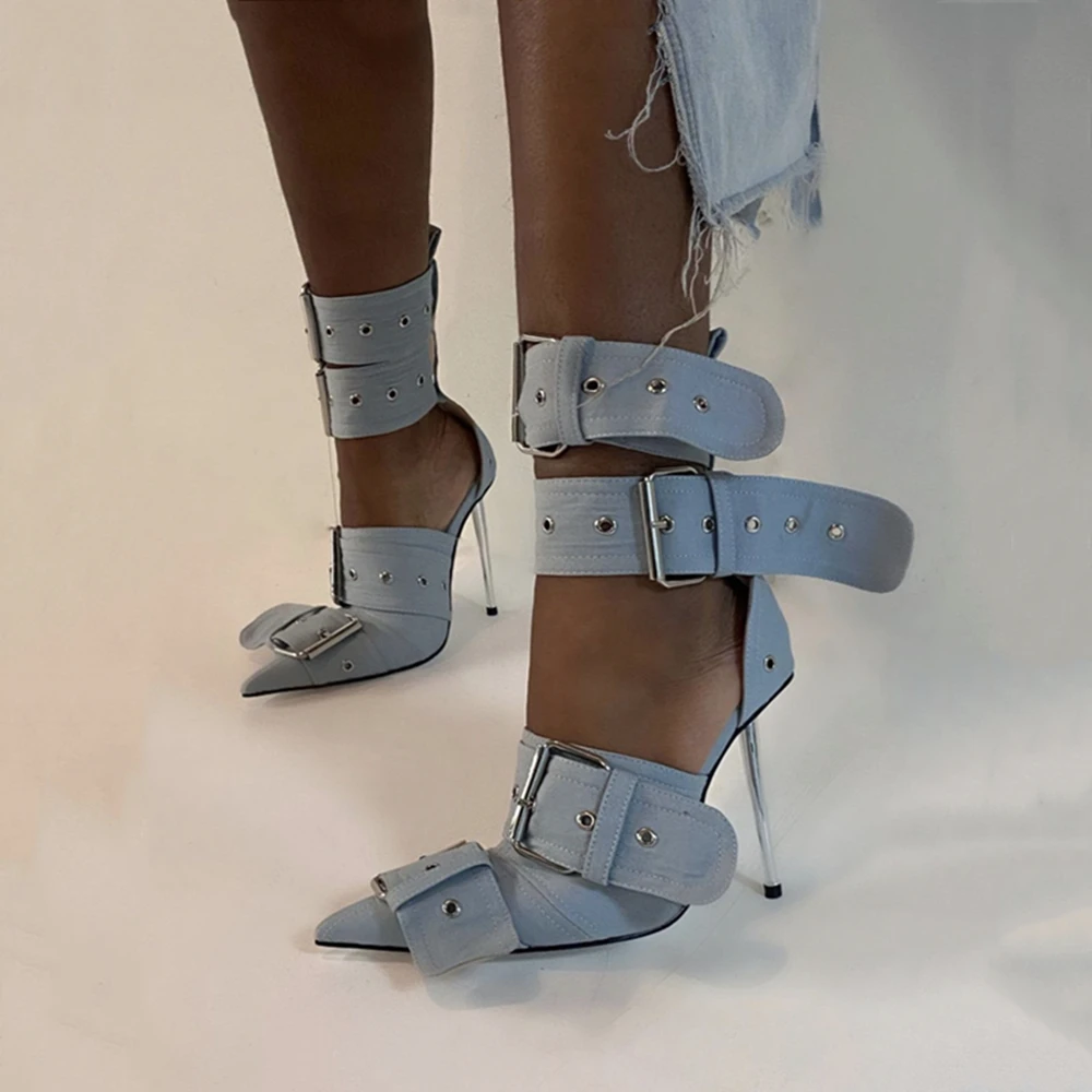 Women's Sexy Denim Metal Buckle Design Pointy Hollow Wide Ankle Strap Stiletto Heel Sandals Over-The-Knee Boots High Heel Shoes