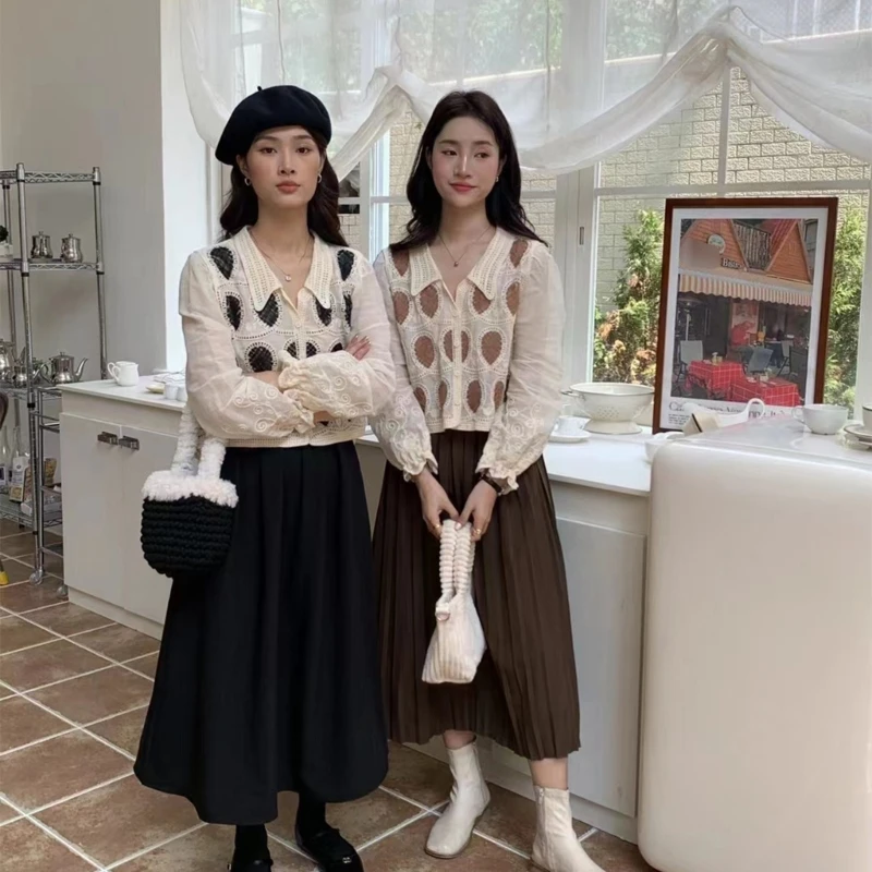 

Spring Autumn Shirt Blouse Tops for Women Elegant French Embroidery Lapel Tops