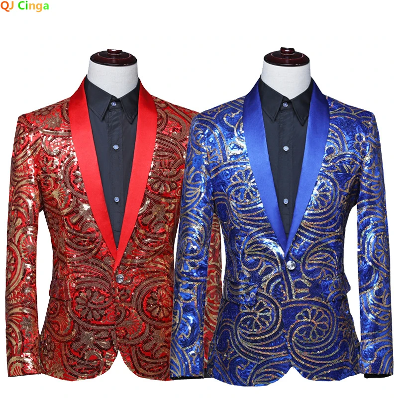 

Shiny Red Sequin Shawl Collar Tuxedo Suit Blazer Men Wedding Groom Singer Prom Glitter Suit Jacket DJ Club Stage Blazer Man
