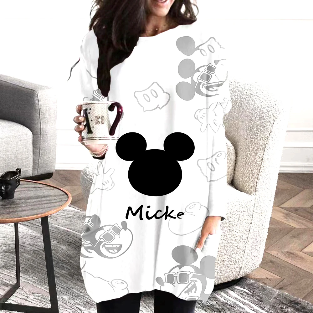 Micky Designs women's pocket long-sleeved dresses Women's simple loose women's cartoon print autumn long-sleeved shirts are hot