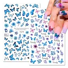 Наклейки для ногтей в виде бабочек, синие и черные голографические наклейки для ногтей, весенние цветы, тема, слайдер, Самоклеящиеся 3D украшения для ногтей, сделай сам