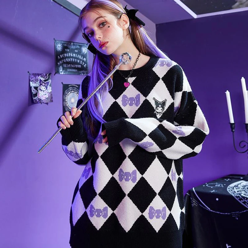 

Вязаный свитер Kuromi Sanrio с вырезом лодочкой и вышивкой My Melody, Модный осенне-зимний Свободный пуловер для студентов, винтажные Топы