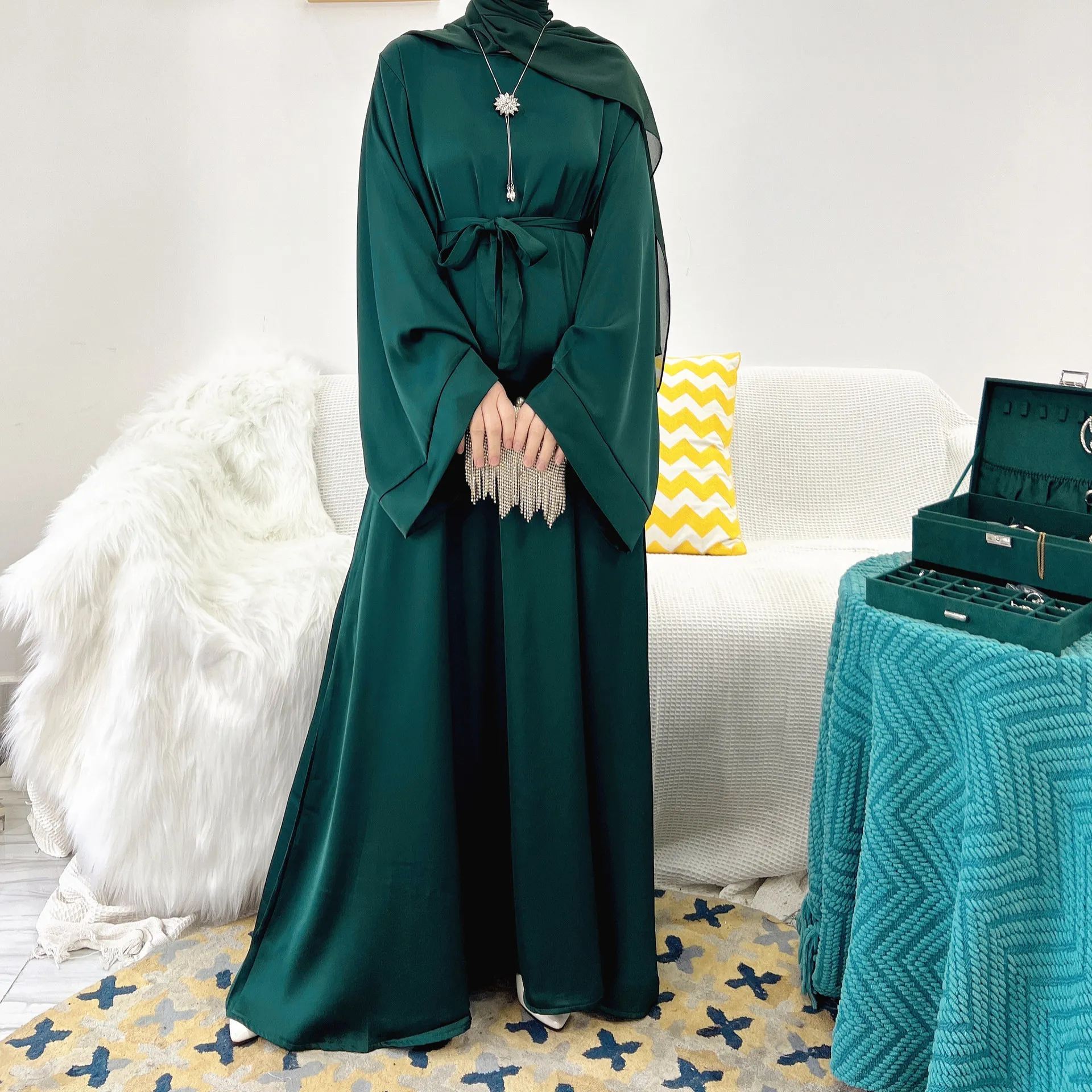 

Мусульманское женское платье с длинным рукавом Рамадан ИД Дубай Абайи атласная Исламская одежда хиджаб халат турецкий простой скромный наряд кафтан
