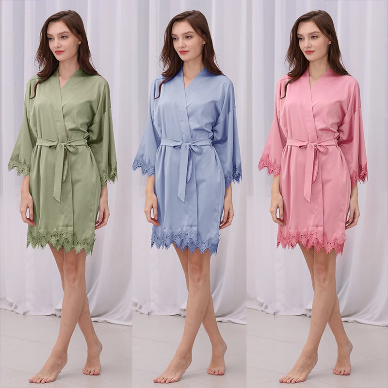 Bridal Robes Matt Satin Lace Robe Kimono Wedding Robe Bride Bridesmaid Robes Plus Size Women Sleepwear Bathrobe