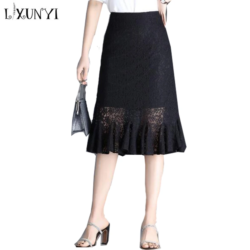 

LXUNYI Lace Skirt Women 2022 Summer New High Waist Medium Long Temperament Casual Fishtail Skirt Hollow Out Elegant Skirts