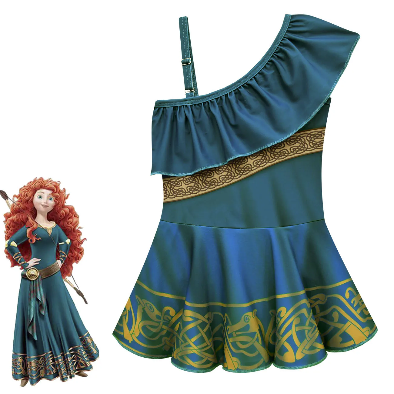 

2022 Disney Summer Braver Cartoon Casual Girl Sling One-Shoulder Beach One-Piece Swimsuit Dress