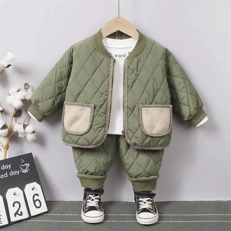 

New Children's Clothes Sets Winter Girls and Boys Hooded Down Jackets Coat-Pant solid color Suit for Warm Kids Fashion Clothing