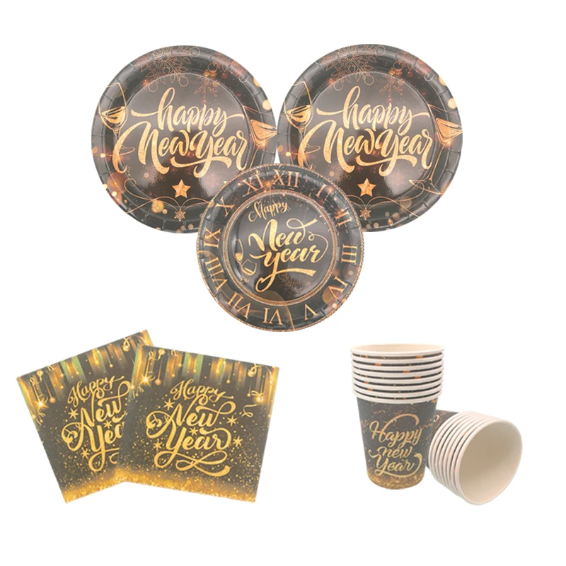 Черное золото с Новым годом одноразовая посуда тарелки салфетки чашка