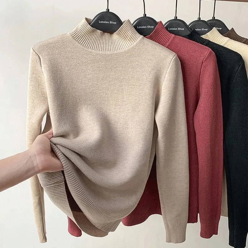 

Korean Turtleneck Slim Thicken Knitted Pullovers Woman 2022 Winter Plus Velvet Sweater Casual Fleece Lined Warm Knitwear Tops