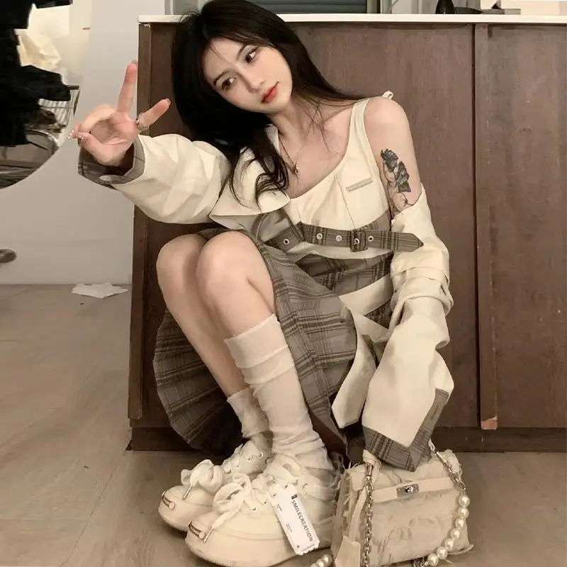 

Sexy Plaid Sleeveless Dress Women Korean Fashion Vintage Contrast Color Chic Belted Dresses Summer Y2k Vestido De Mujer