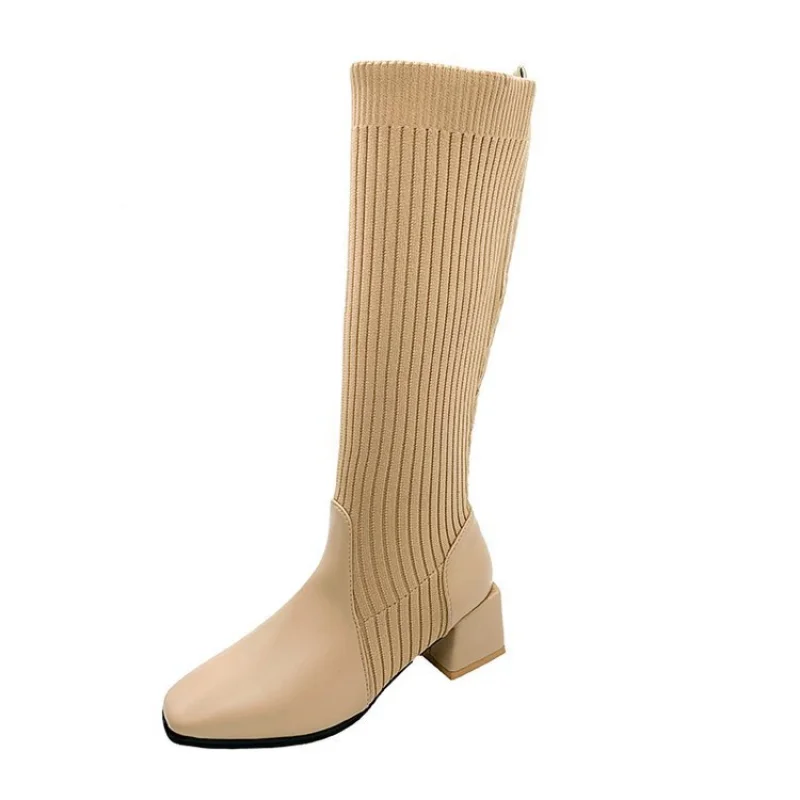 2023 Autumn Winter Women's High Heel Sock Boots Fashion Knitting Stretch Boots Women  Retro Long Boots Mid Sock Boots