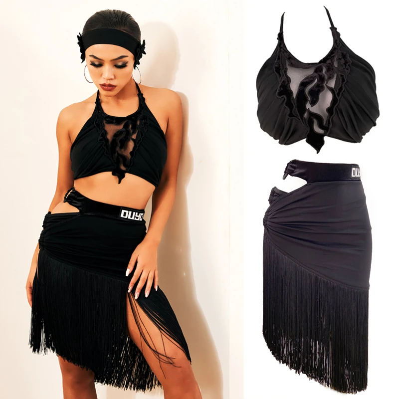 

2022 Summer Sexy Short Suspender Top Hollow Fringed Skirt Female Latin Dance Costume Ballroom Competition Dance Clothes SL6486