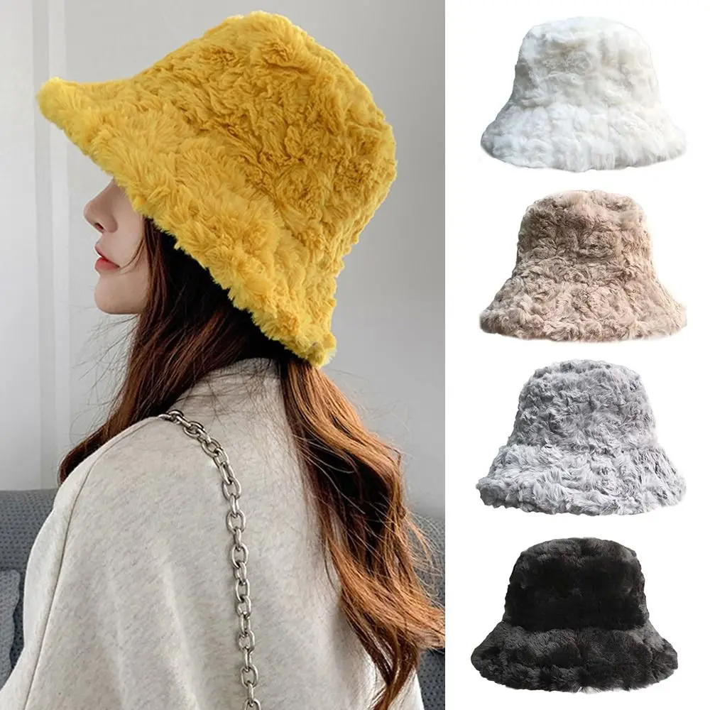 2022 Winter Faux Fur Fluffy Bucket Hats Women Outdoor Thick Warm Hat Soft Furry Fisherman Cap Girl Fashion Panama Sun Cap