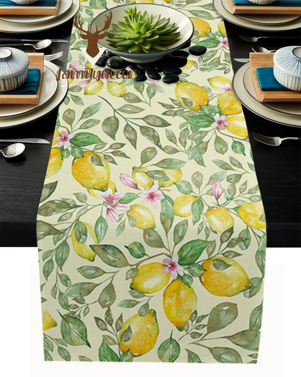 

Luxury Table Runner Watercolor Lemon Flower Pattern Birthday Party Hotel Dining Table High Quality Cotton and Linen Table Cloth