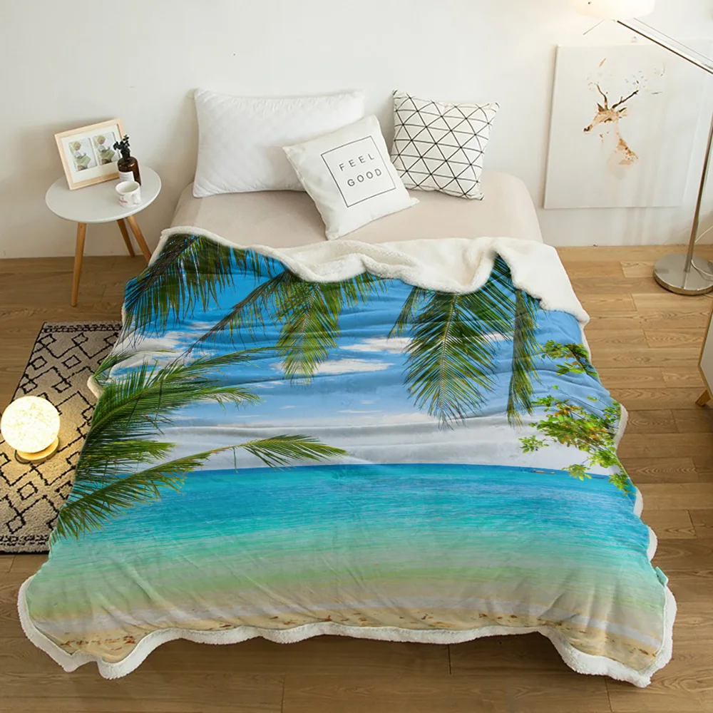 

Beach Green Coconut Tree Sky Clouds Lamb Cashmere Fleece Blanket Home Bed Sofa Winter Sherpa Bedding Kids Thick Bedspread
