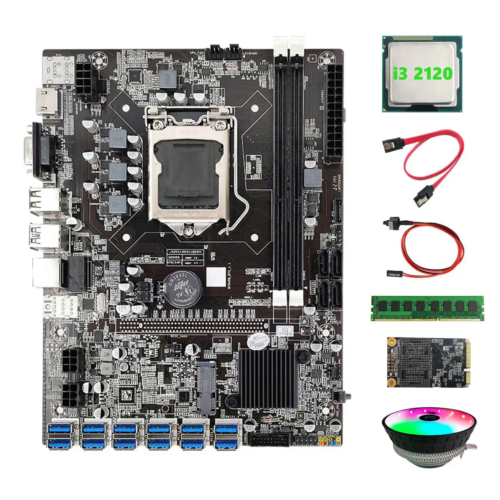 

Материнская плата B75 для майнинга, 12 USB + I3 2120 ЦП + RGB вентилятор + DDR3 4 Гб 1600 МГц ОЗУ + 128G SSD + кабель переключателя + SATA кабель материнская плата