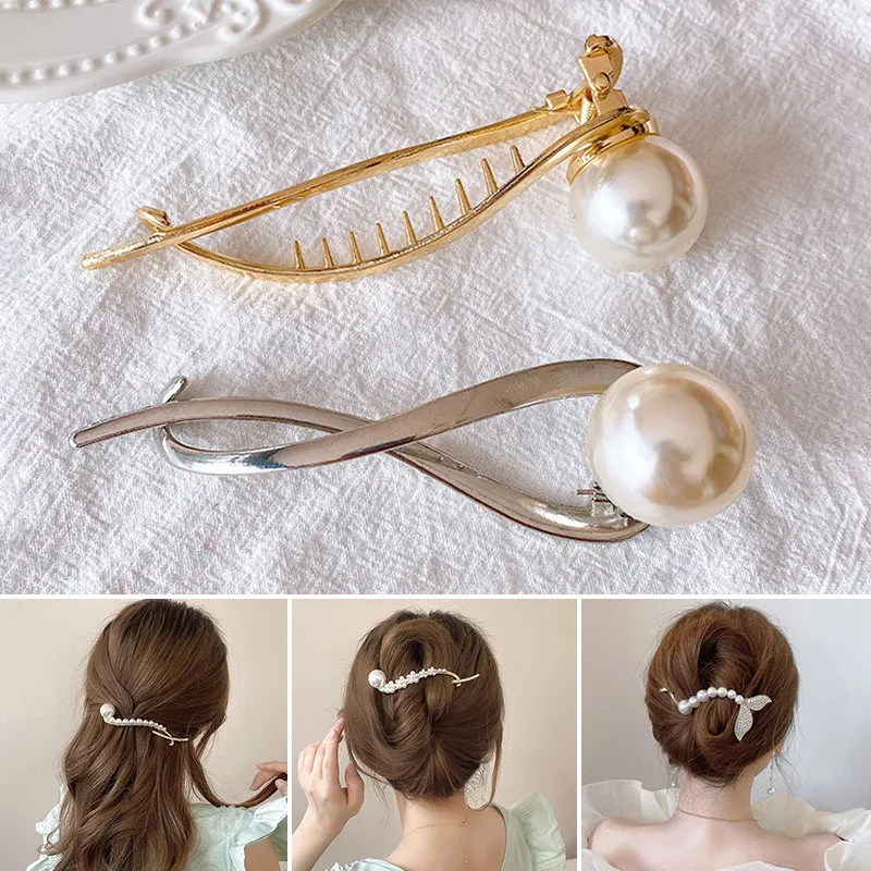 

New Smile Pearl Butterfly Shine Arc Hairpin Clip Frog Buckle Back Of Head Female Geometric Hairpin Women Girls Hair Accessories