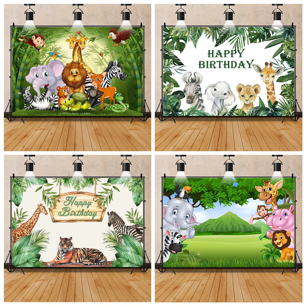 Laeacco Cartoon Safari Birthday Party Photo Backdrop Forest Jungle Baby Shower Children Customized Banner Photography Background