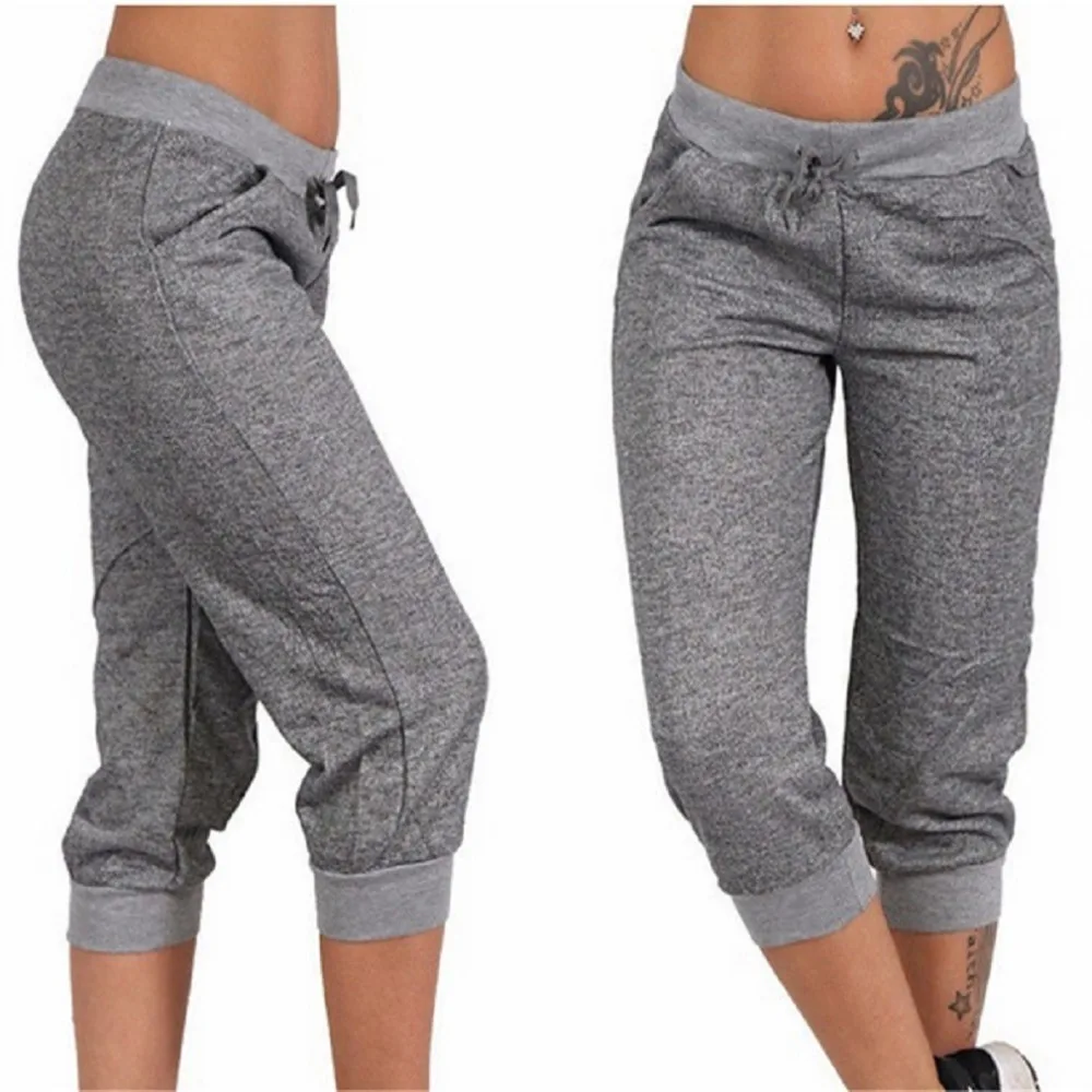 

Women Casual Cropped Trousers Summer Pockets Joggers Harem Pants Female Capri Pants Calf-Length Drawstring Street Wear Mujer
