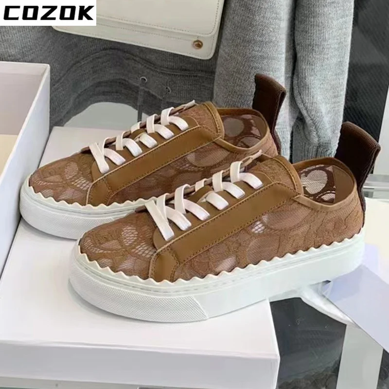 

2022 Summer Lace Embroidered Flat Shoes Lace Up Sports Casual Shoes Thick Sole Mesh Fashion Luxury Brand Women's Shoes