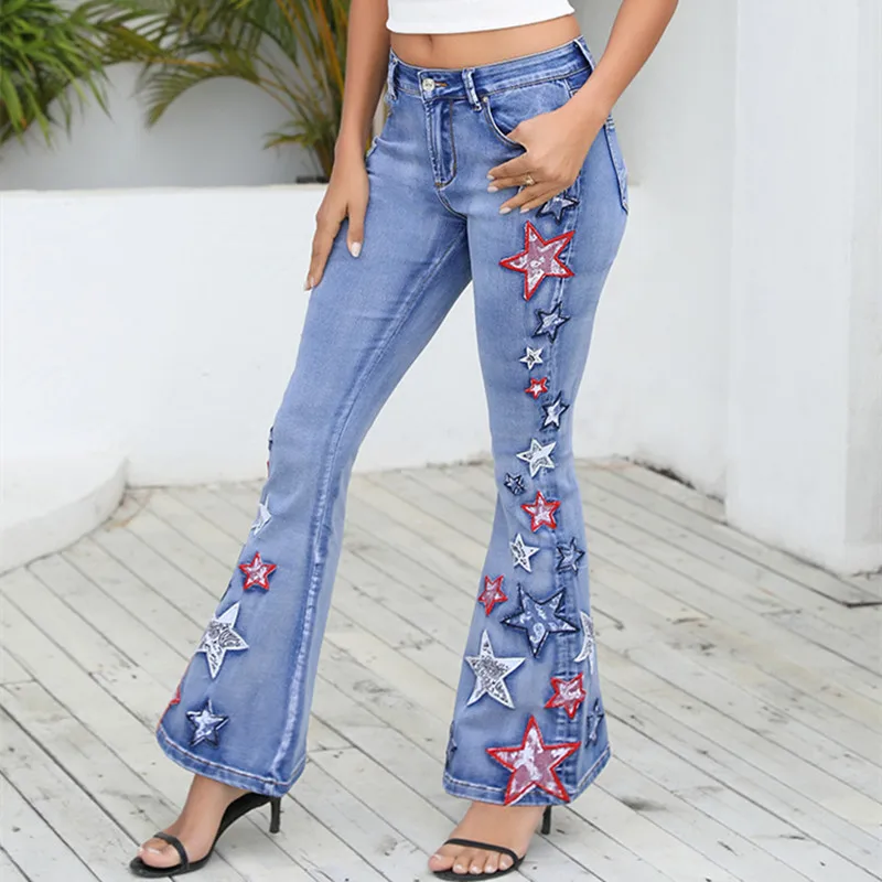 

Эластичные джинсы-скинни с цветочной вышивкой и жемчугом, женские джинсы с высокой талией для мам