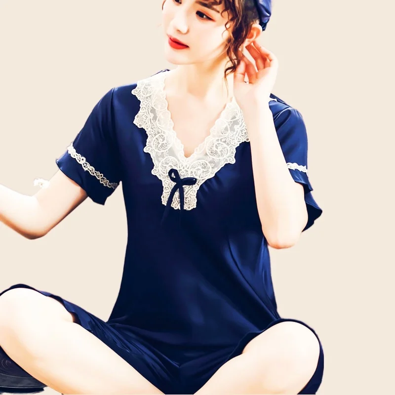 Womens Pajama Sets Night Wears Silk Rayon Pajamas Cozy Soft Pijamas Fashion Lace Print Big Size 2Piece/Set Luxury Home Clothes