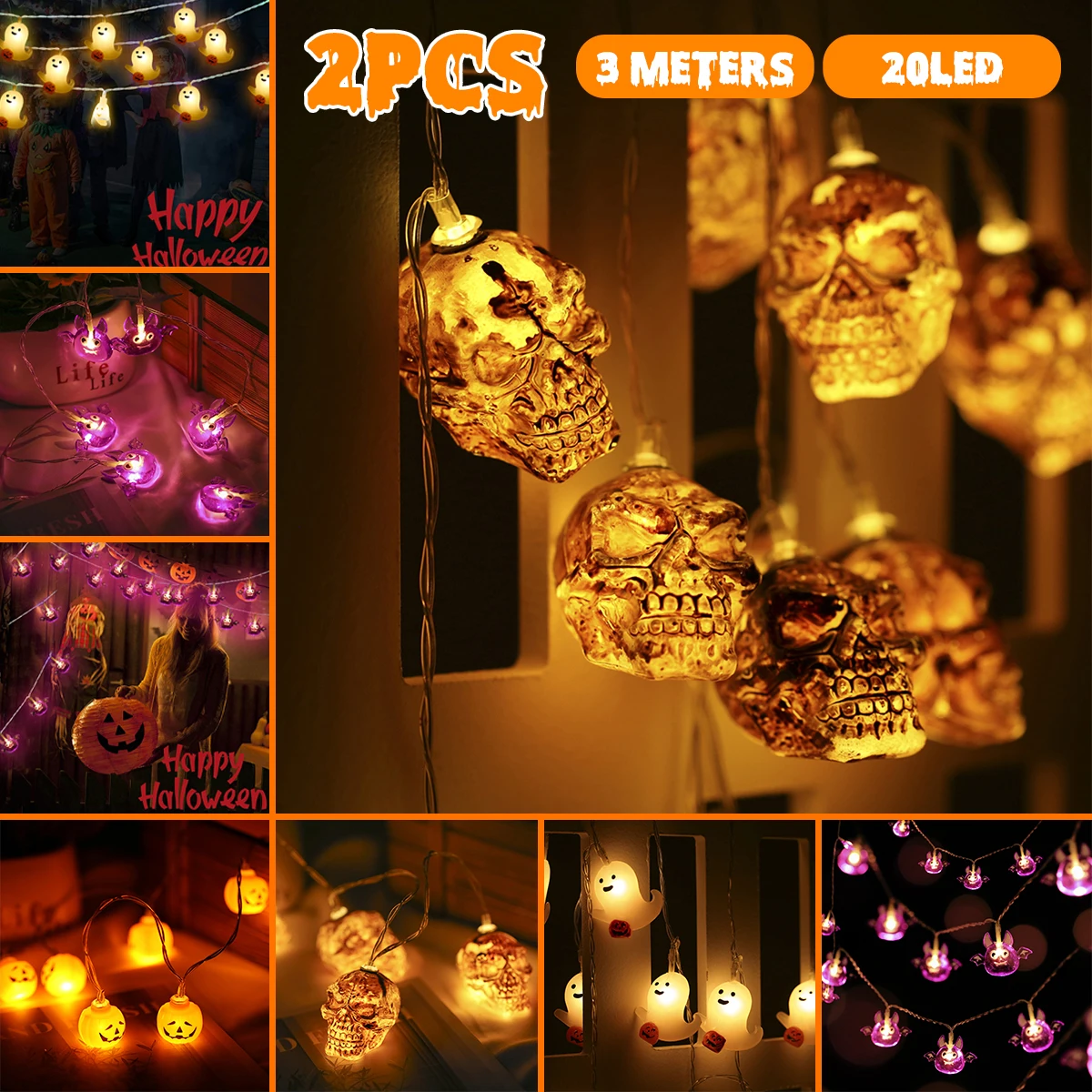 

2Pcs Halloween String Lights 9.8ft 20 LED Skeleton Pumpkin Ghost Bat Hanging Fairy String Lights Waterproof Battery Powered