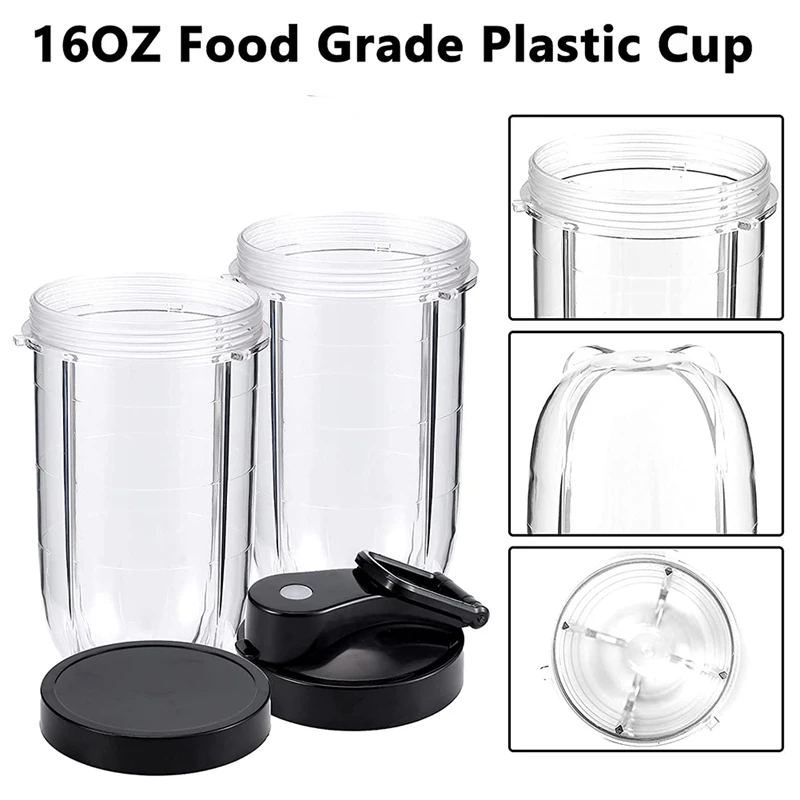 Blender Cups Replacement Set 16Oz Cup With Flip-Top To-Go Lid Flat And Extractor Cross Blade For Magic MBR MB Series |