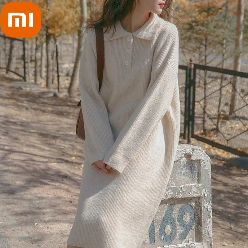 

Xiaomi Winter Sweet Knitted Dress Women Solid Loose Casual Basic Sweater Dress Female Korean Designer Warm Knitwear Midi Dress