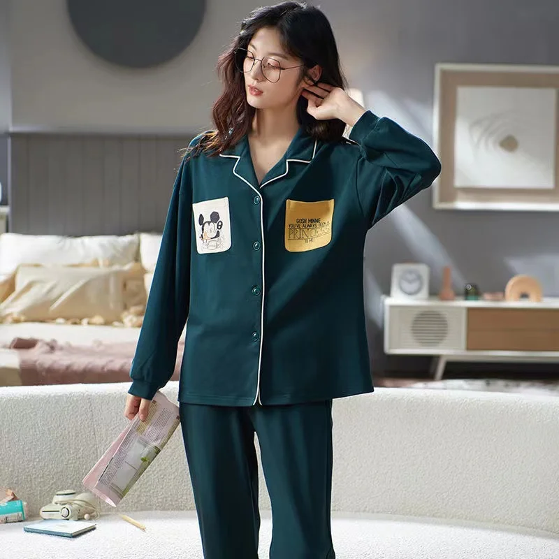 100% Cotton Women Pajamas Sets Spring Turn-Down Collar Long Sleeve Ladies Sleepwear 2 Piece/Set Leisure Home Wear Clothes
