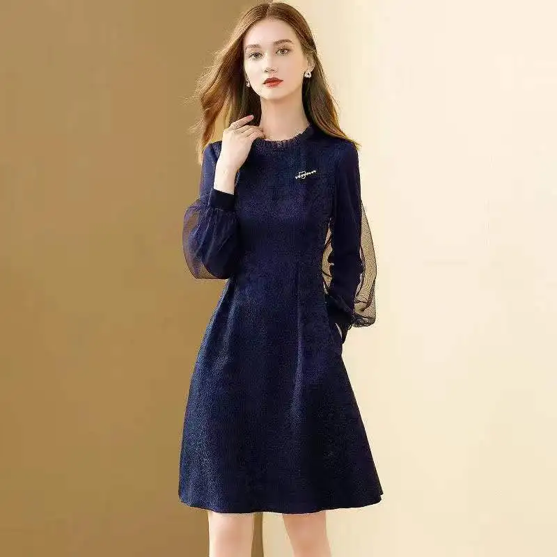 

Fashion Solid Navy Dress Puff Sleeve A-line Women Autumn 2022 New Organza Dresses For Women Casual Office Lady Vestidos