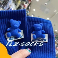 spring and summer new klein blue smiling face bear pure cotton socks college style fluorescent medium tube stockings