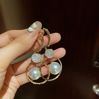 new fashion korean imitation pearl drop earrings for women bohemian golden round zircon wedding earrings jewelry gift