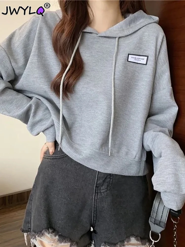 

Женский укороченный пуловер с капюшоном, свободный однотонный свитшот с длинным рукавом, уличная одежда в Корейском стиле, весна-осень 2023