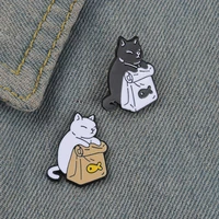 cute black white cats pins dried fish bag brooch cartoon animal badges denim lapel pin jewelry gift for kids best friends