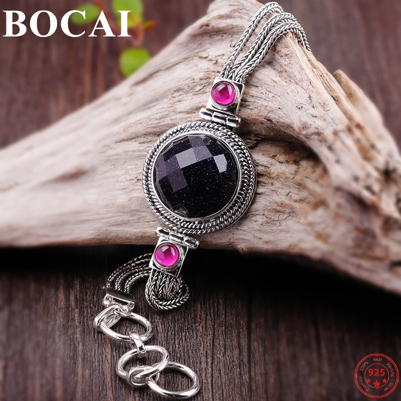 

BOCAI 100% S925 Sterling Silver Bracelet Elegant Red Corundum Thai Silver Hand Chain Pure Argentum Round Gemstone Women's Bangle