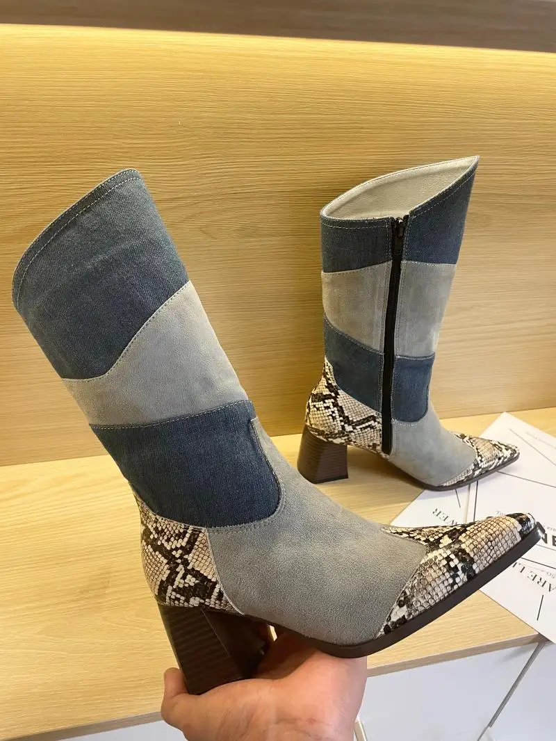 New Pointed Toe Cowboy Boots Women's Thick Heel Slanted Boots All-Match Stitching Color Knight Boots