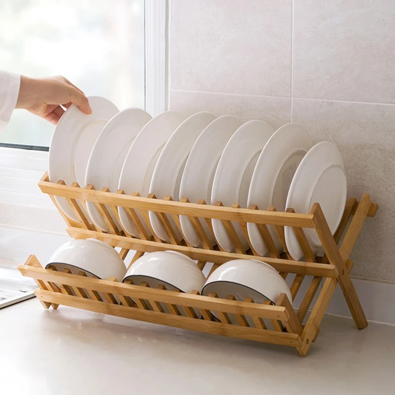 

8/16 Grids Folding Bamboo Dish Rack Drying Rack Holder Utensil Drainer Plate Storage Holder Plate Wooden Flatware Dish Rack