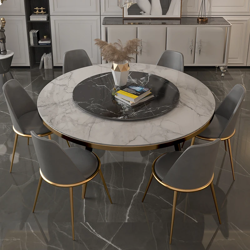 

Light Luxury Modern Simple Dining Table and Chair Combination Round Nordic Household Dining Table Italian Marble with Storage