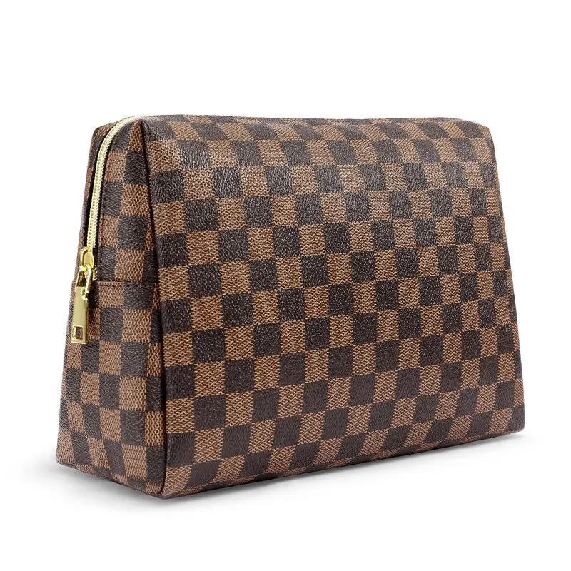 

Makeup Bag Checkered Cosmetic Bag Large Travel Toiletry Organizer for Women Girls Brown