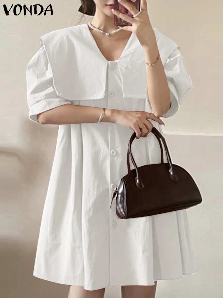 

Платье VONDA женское с коротким рукавом-фонариком, элегантный однотонный Повседневный Сарафан с кукольным воротником, на пуговицах, для вечеринки, пляжа, на лето, 2023