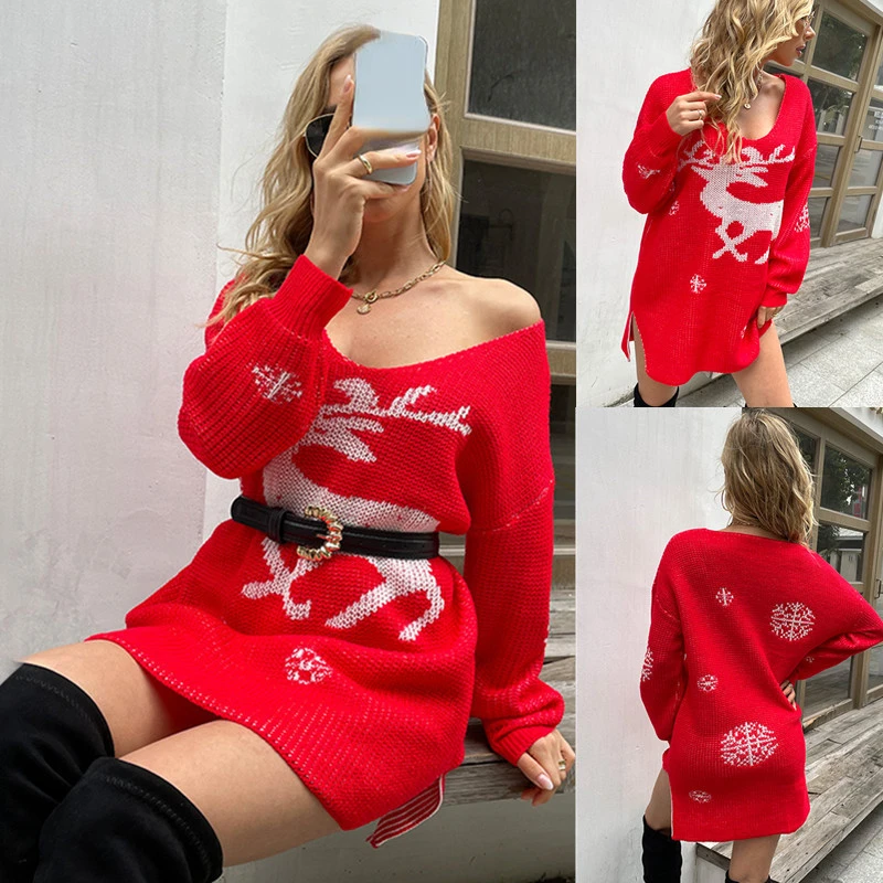 

Autumn and Winter New Sweater Women's Christmas Elk Snowflake V-neck Slit Sexy Wool Dress