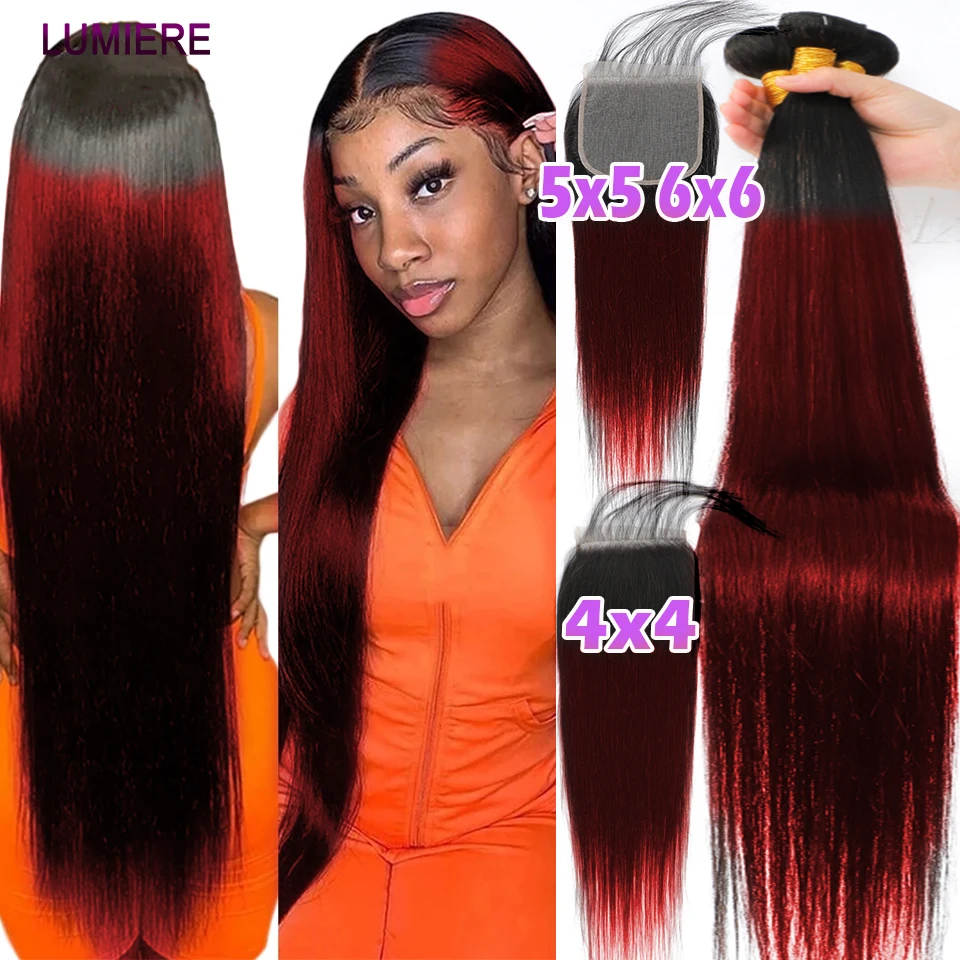 

Ombre 1b/99J Burgundy Bone Straight Human Hair Bundles With Closure 5x5 6x6 HD Peruvian Colored Lace Frontal Closure With Bundle