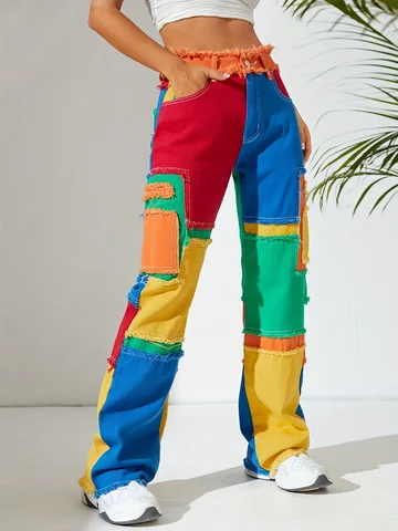 Индивидуальные американские ослепительные уличные панели с необработанными краями универсальные свободные прямые джинсовые брюки с завышенной талией для женщин