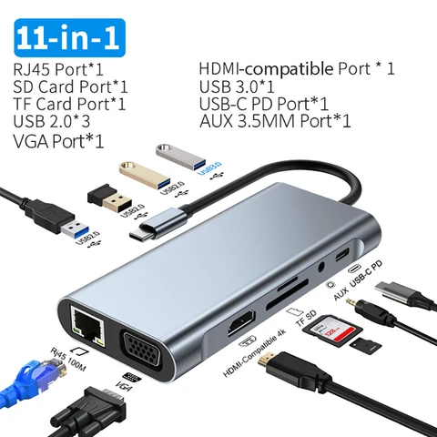 Док-станция 11 в 1, USB 3,0, разветвитель USB C на 4K, HDMI, VGA, PD, RJ45, 100 м