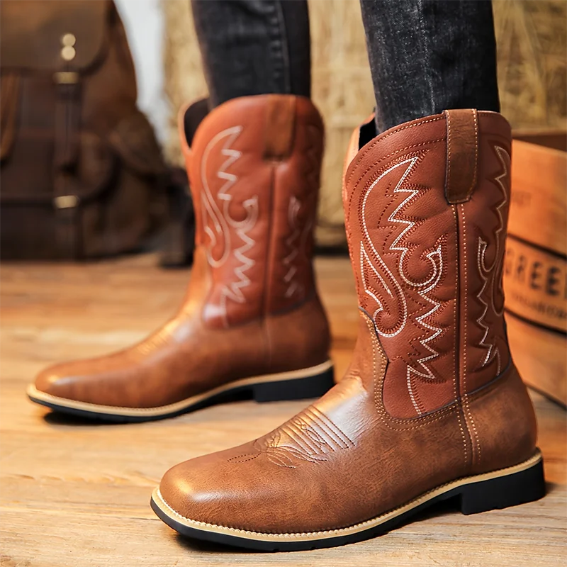 

Men's Retro Boots Mid-Calf Western Cowboy Embroidered Boot Solid Color Pu Leather Pointed Toe Shoes Sewing Style Durable Zapatos