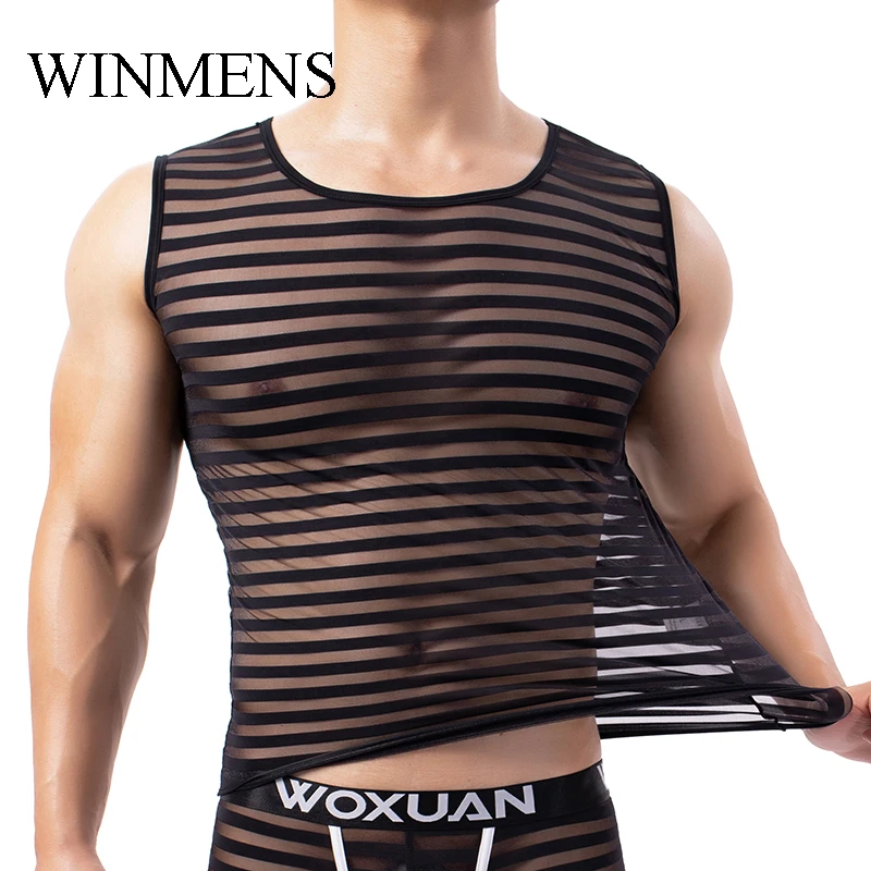 Men's Undershirt See Through Mesh Vest Striped Elastic Singlet O-neck Sleeveless Tank Tops  Transparent Muscle Shirts